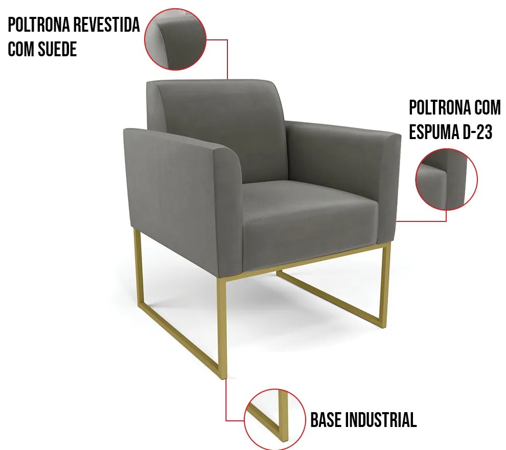 Kit 2 Poltronas Base Industrial Dourado Marisa Suede - Grafite