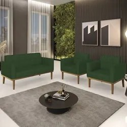 Sofá Namoradeira e 2 Poltronas Base Madeira Castanho Ana Veludo Luxo V