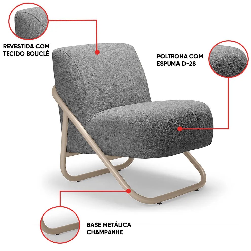 Poltrona Sala Decorativa Industrial Champanhe Martina Bouclê Grafite K01 - D'Rossi