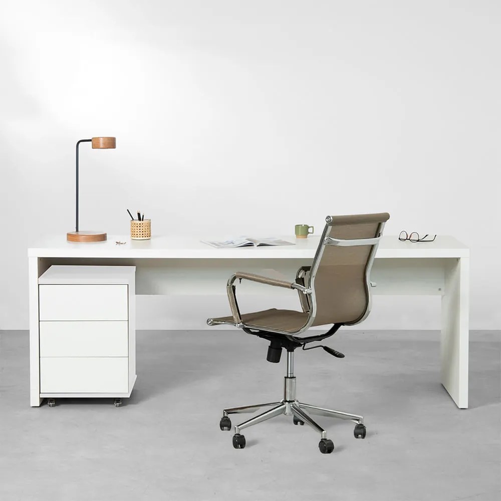 Conjunto Office - Bancada Contemporânea Branco 1,36m + Módulo Contemporâneo 3 gavetas Branco 42,5cm + Cadeira de Escritório Noruega Cobre