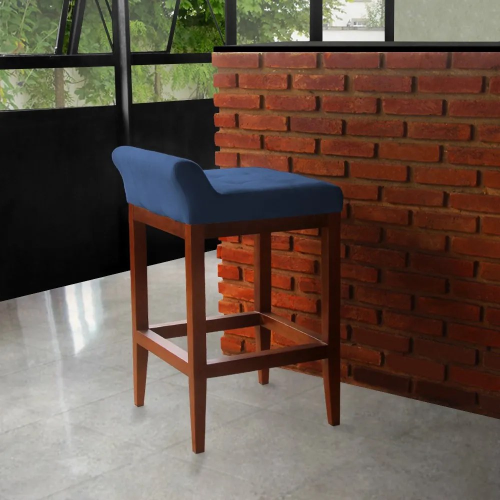 Banqueta Alta Lotus Base Madeira Maciça Estofada Suede Azul Marinho
