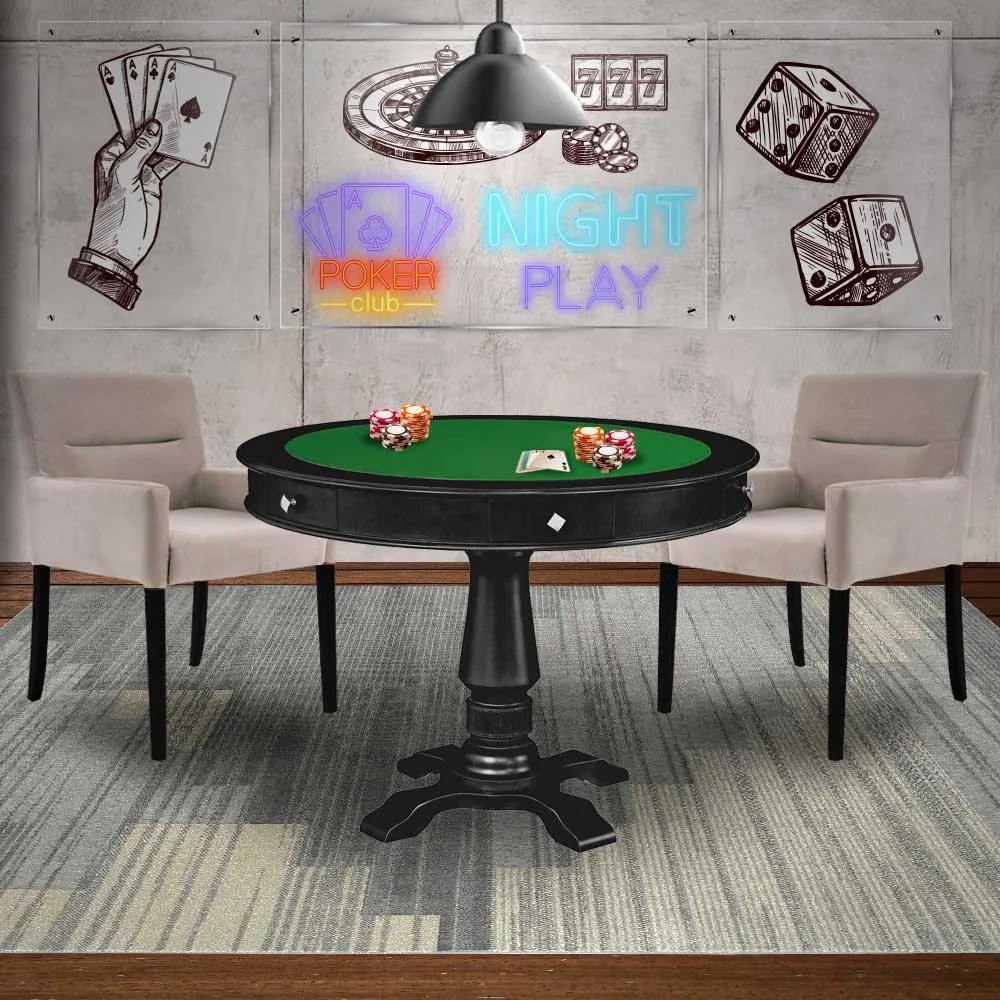 Mesa de Jogos Carteado Victoria Redonda Tampo Reversível Preto com Kit 2 Cadeiras Vicenza Nude G36 G15 - Gran Belo