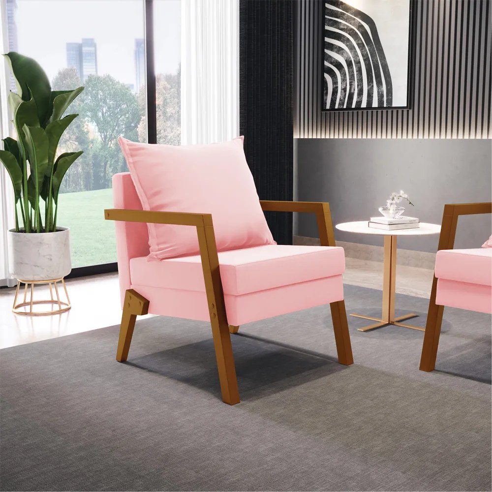 Poltrona Alice Suede Rosa Bebê Base de Madeira D03 - D'Rossi
