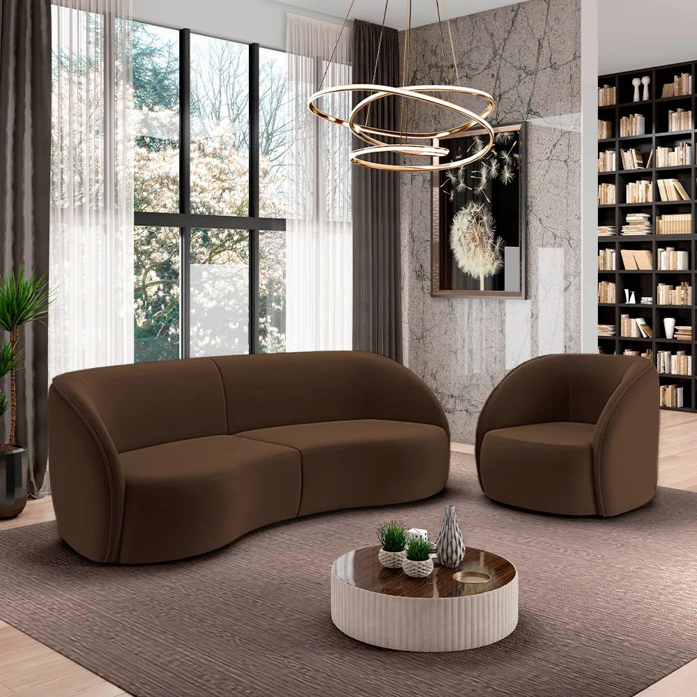 Conjunto Sofá Sala de Estar Bipartido 318cm e Poltrona Clarke Veludo Marrom G45 - Gran Belo