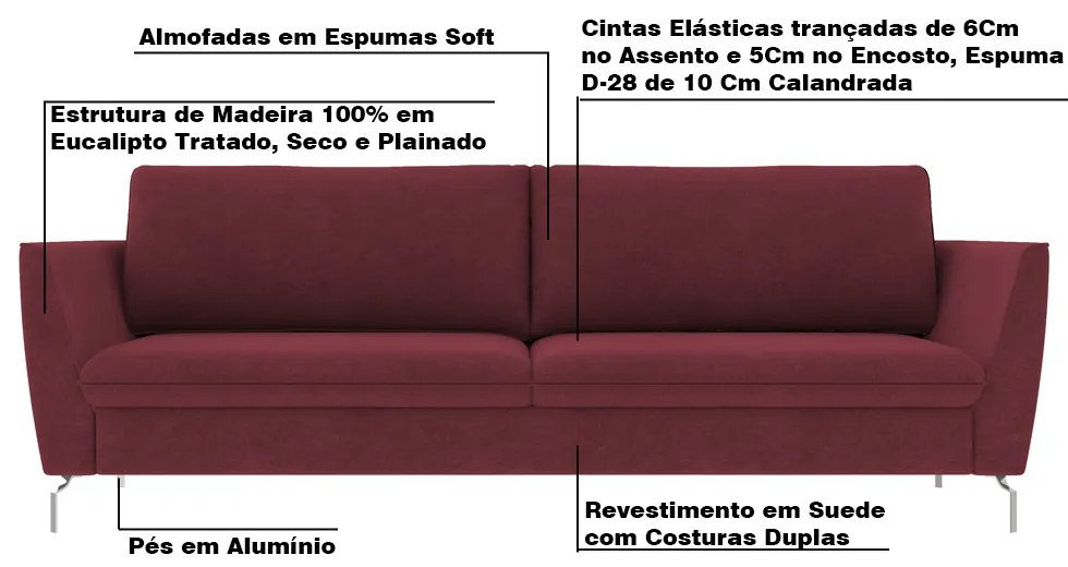 Sofá Decorativo Sala de Estar 190cm Olívia Suede Bordô G52 - Gran Belo