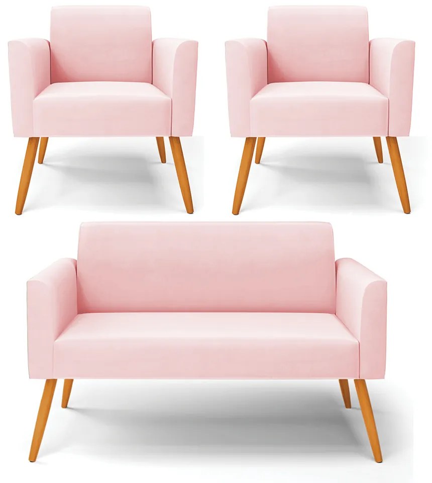 Sofá Namoradeira com 2 Poltronas Pés Palito Castanho Marisa Suede Rosa Bebê D03 - D'Rossi