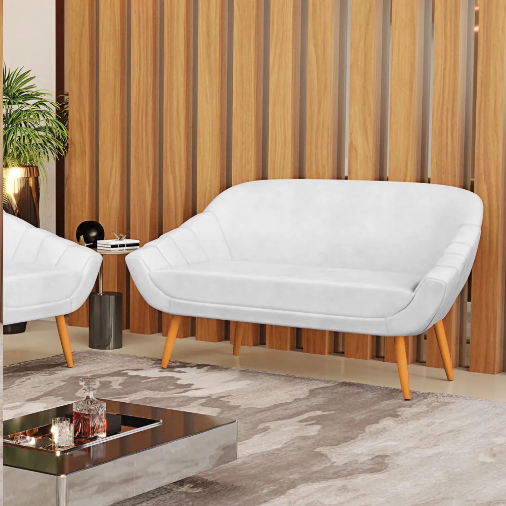 Namoradeira 02 Lugares Giovana Corano Branco Pés Palito Castanho - Indo Decorar