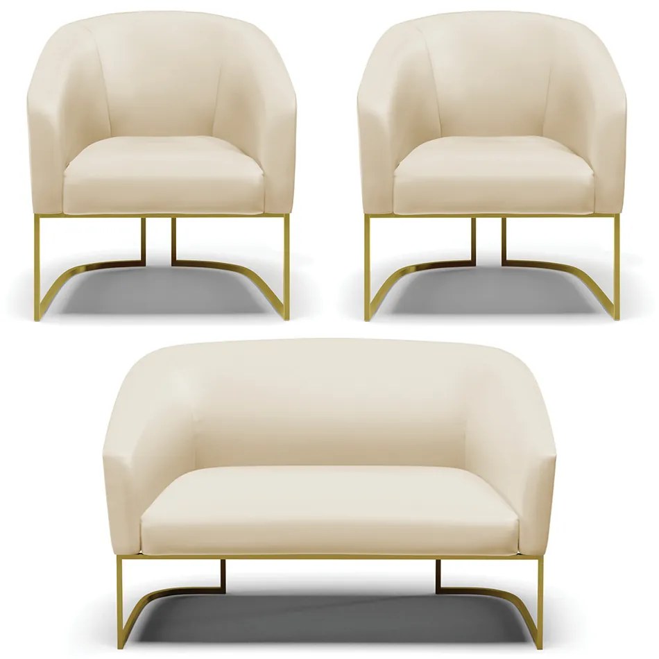 Namoradeira e 2 Poltronas Industrial Dourado Stella Sintético Bege D03 - D'Rossi