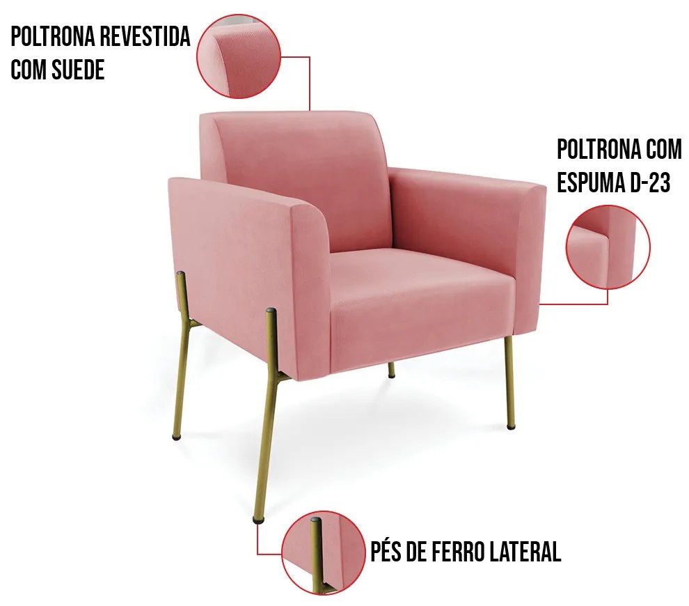 Poltrona Pé de Ferro Dourado Decorativa Kit 2 Marisa Suede D03 - D'Rossi - Rose