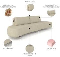 Sofá 3 Lugares 220cm Orgânico Pé Ferro Nagai Linho Bege Z55 - Mpozenat