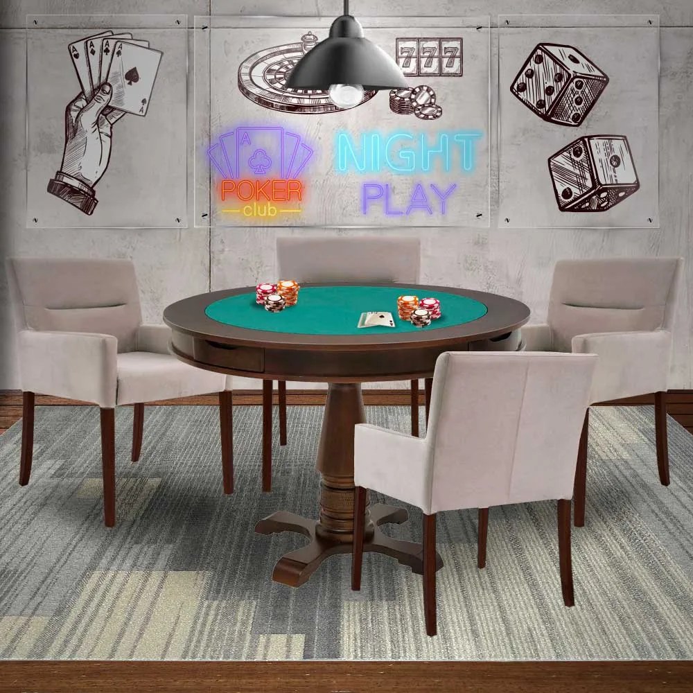 Mesa de Jogos Carteado Victoria Redonda Tampo Reversível Imbuia com 4 Cadeiras Vicenza Nude G36 G15 - Gran Belo