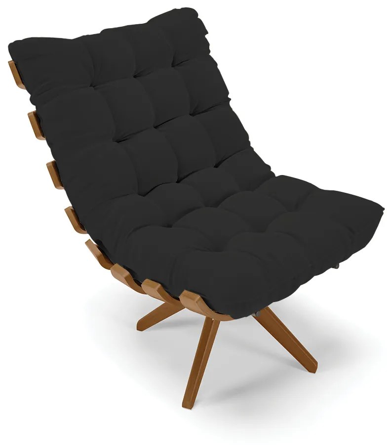 Poltrona com Puff Giratório Costela Veludo Preto Base de Madeira MA30 M11 - D'Rossi