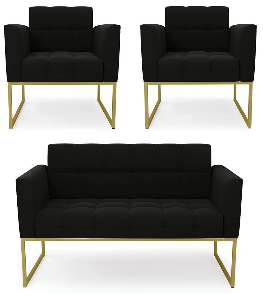 Kit 1 Sofá Namoradeira e 2 Poltronas Elisa Suede Base Metálica Industrial Dourado - D'Rossi - Preto