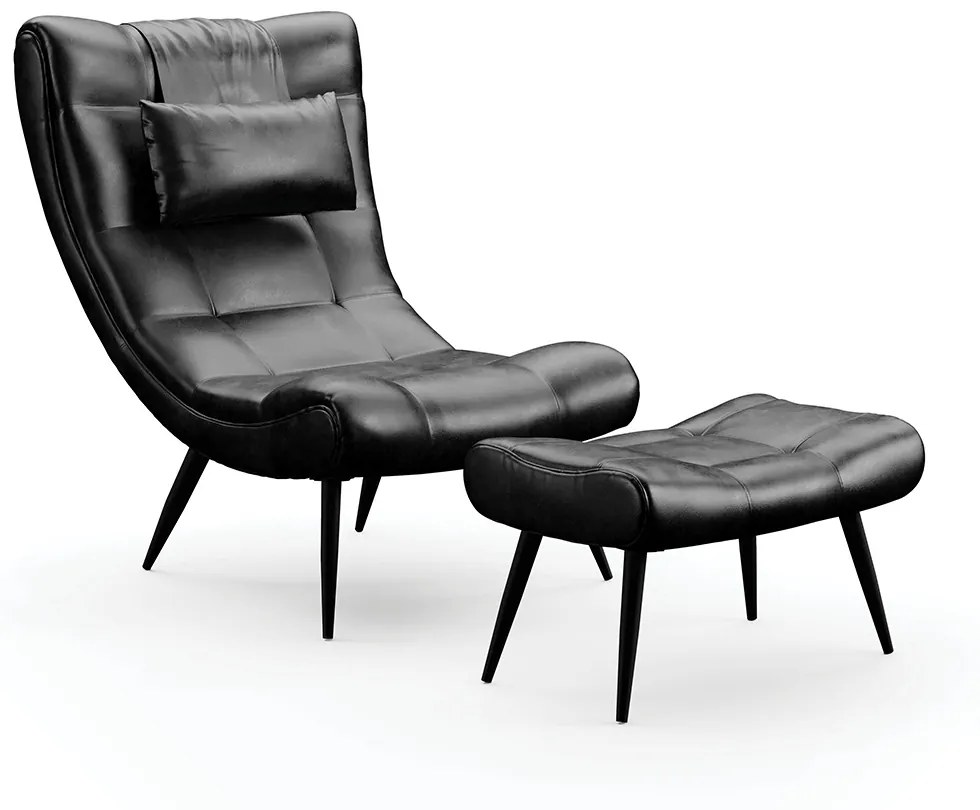 Poltrona Sala Decorativa e 01 Puff Sher Pé Palito Ferro Sintético PU D03 - D'Rossi - Preto