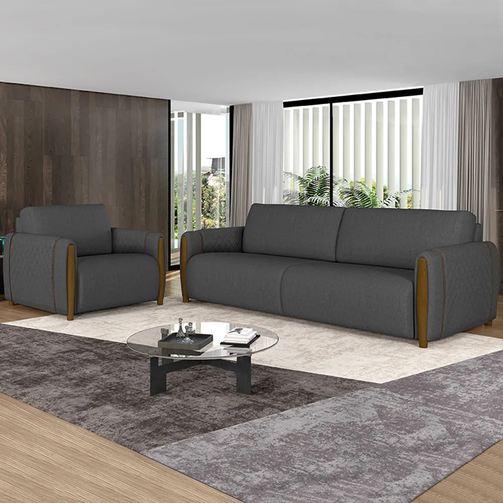 Conjunto Decorativo Poltrona e Sofá 223cm Maceió Linho Chumbo G45 - Gran Belo