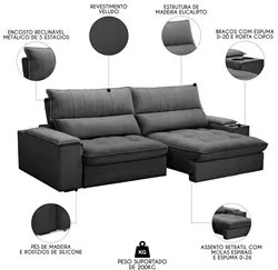 Sofá Retrátil 4 Lugares com Porta Copo 280cm Andes F05 Veludo Grafite