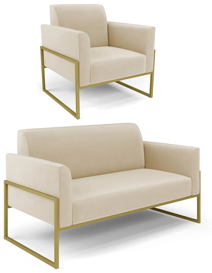 Sofá Namoradeira com Poltrona Base Industrial Alta Dourado Marisa Suede D03 - D'Rossi - Bege