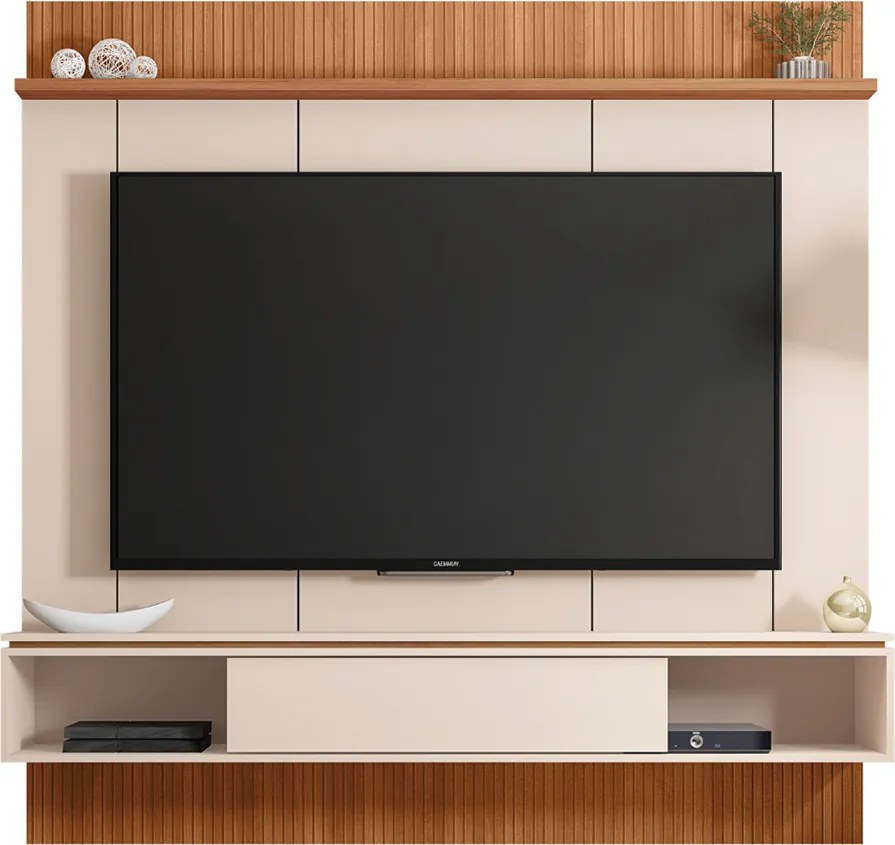 Painel Runa 180cm para TV até 65 com Porta de Correr Prateleira e Nicho MDP OffWhite/Freijo G11 - Gran Belo
