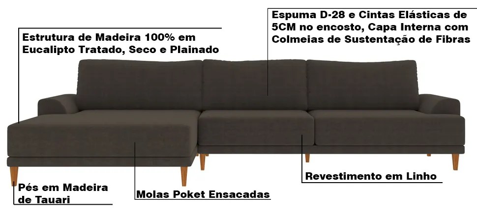 Sofá com Chaise Esquerda 354cm Índico Linho Marrom G52 - Gran Belo