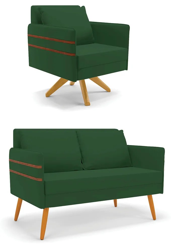 Kit 01 Namoradeira 02 Lugares e 01 Poltrona Mari Veludo Base de Madeira MA30 - Verde