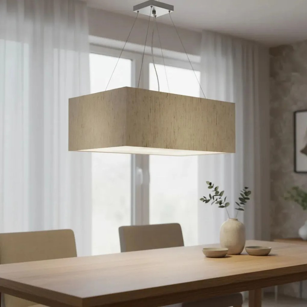 Lustre Pendente Retangular Md-4372 Cúpula em Tecido 60x40cm Linho Bege