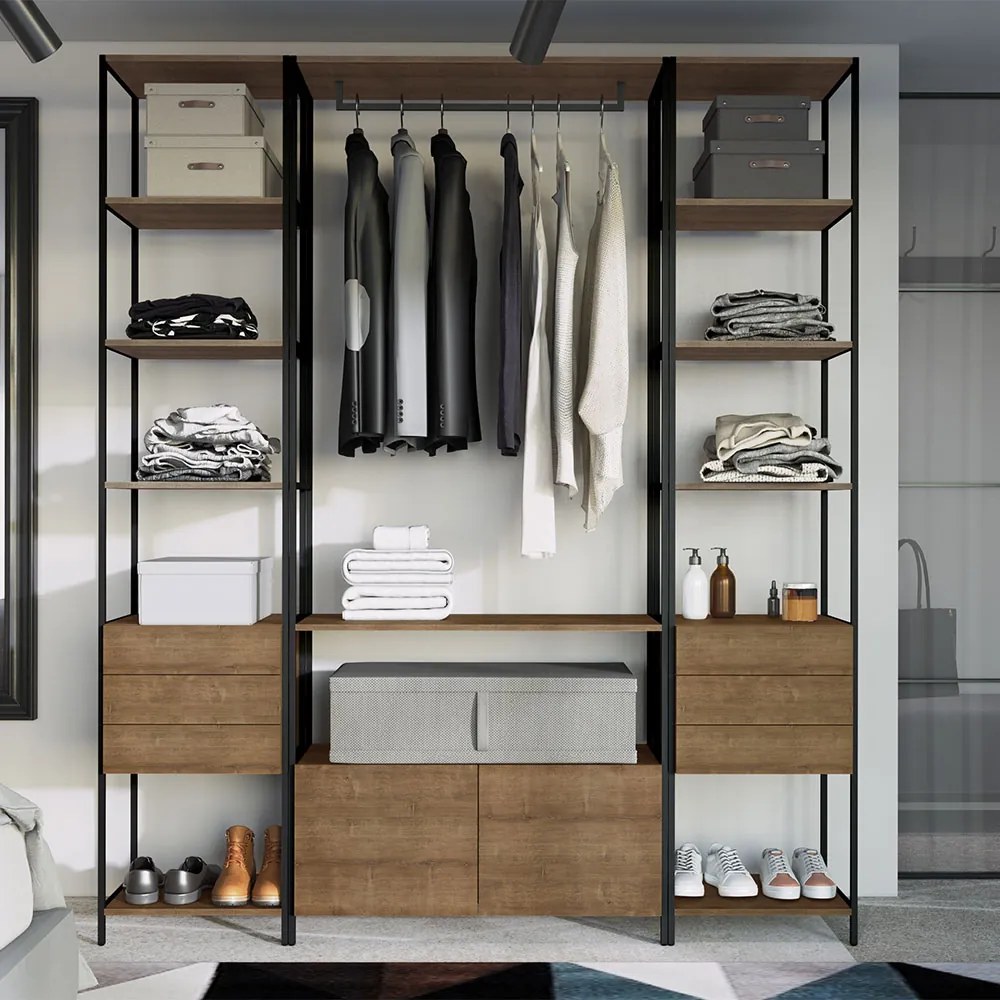 Kit Guarda Roupa Closet Modulado Steel Quadra Estilo Industrial Vermont e Preto A05 - D'Rossi
