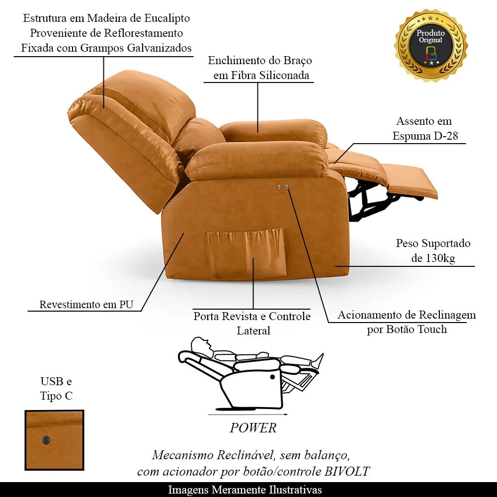 Poltrona do Papai Reclinável Sala de Cinema Madrid Power Touch USB PU Whisky G23 - Gran Belo