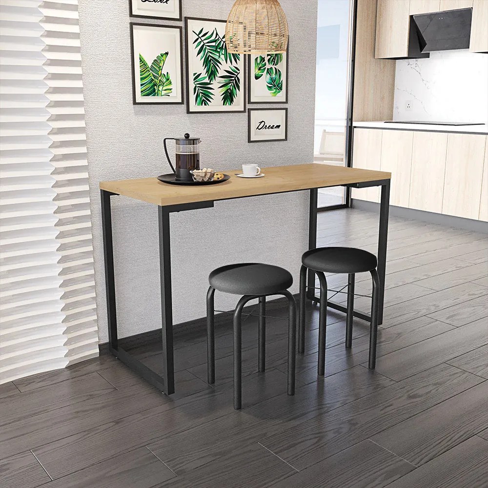 Mesa de Cozinha Industrial Porto Natural 120 cm com 02 Banquetas Manu Corino Preto - D'Rossi