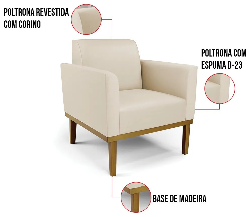 Poltrona Base de Madeira Fixa Castanho Marisa Corino - Bege