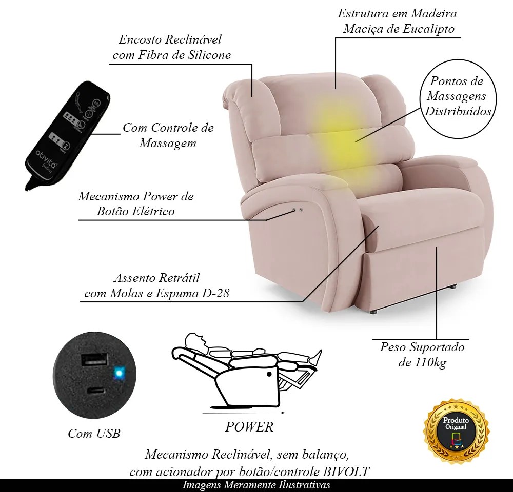Poltrona do Papai Sala de Cinema Reclinável Kylie Power Touch Massagem USB Veludo Rosê G23