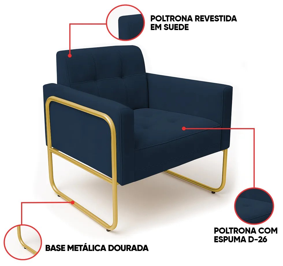 Poltrona Sala Industrial Alta Tubo Dourado Elisa Suede D03 - D'Rossi - Azul Marinho