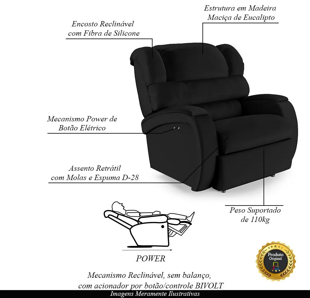 Poltrona do Papai Sala de Cinema Reclinável Kylie Power Touch PU Preto G23