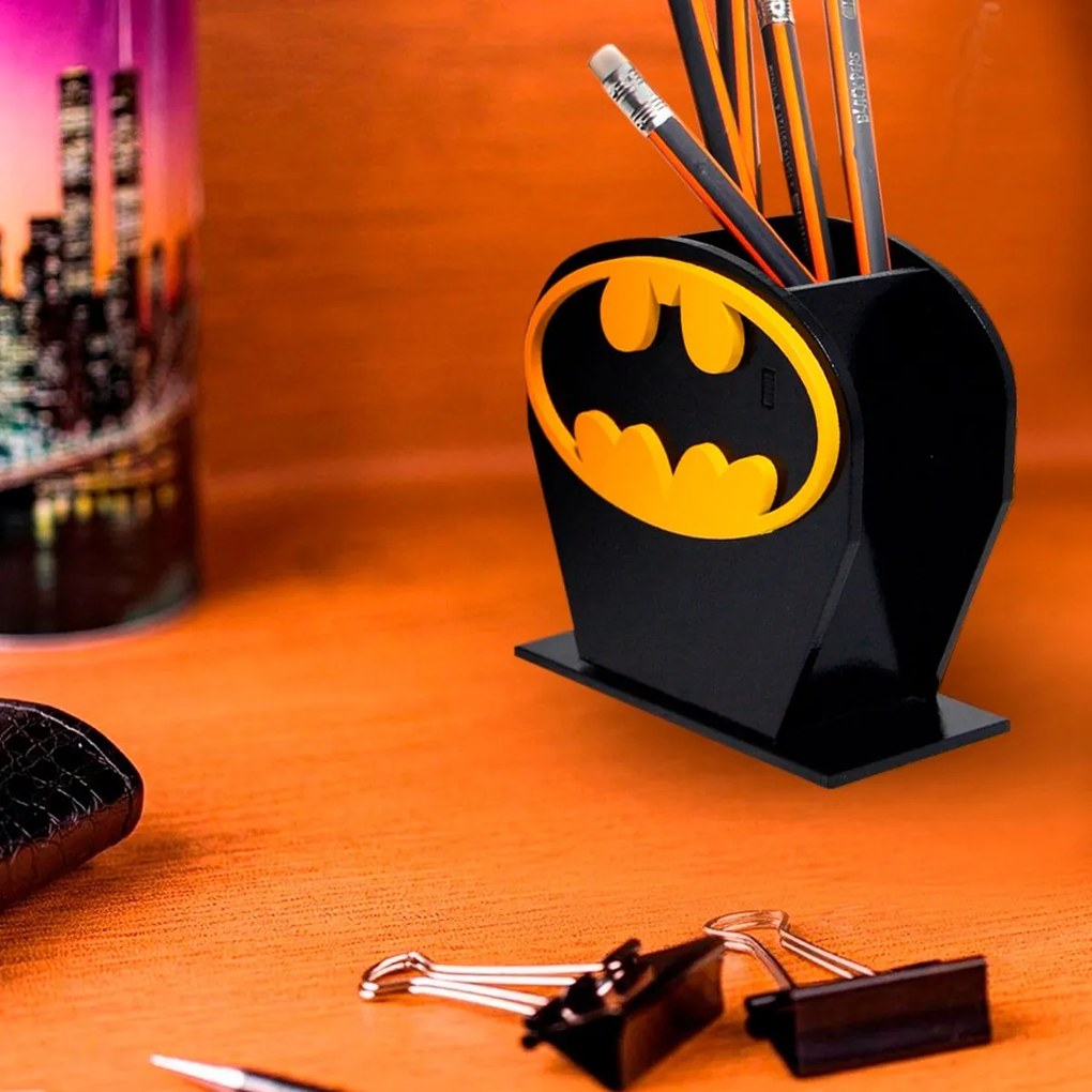 Porta Lápis Caneta E Acessórios Geek Batman Logo Amarelo 10x10cm
