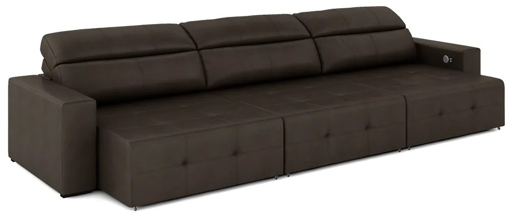 Sofá Retrátil 5 Lugares 374cm 3 Módulos Nero com USB Couro Marrom G52 - Gran Belo