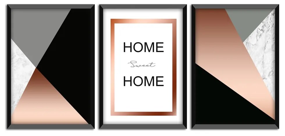 Kit 03 Quadros Decorativos Rose Gold "Home Sweet Home" 43x33 Cm Cada - D'Rossi