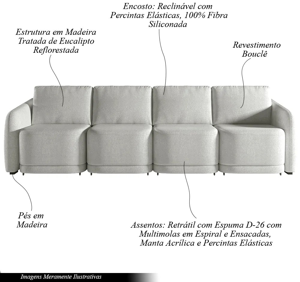Sofá Cama Modulado Retrátil e Reclinável Decorativo Varsóvia 316cm Bouclê Cinza G33 - Gran Belo