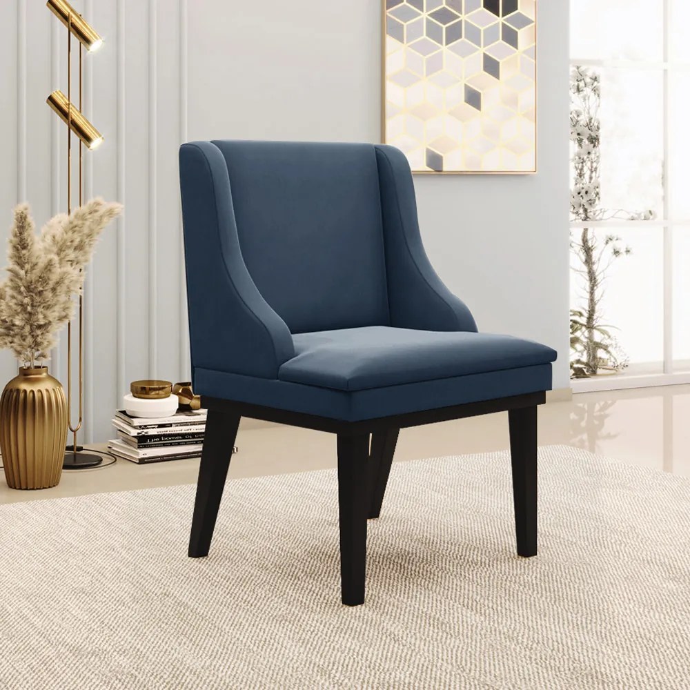 Kit 3 Cadeiras Decorativas Sala de Jantar Base Fixa de Madeira Firenze Suede Azul Marinho/Preto G19 - Gran Belo