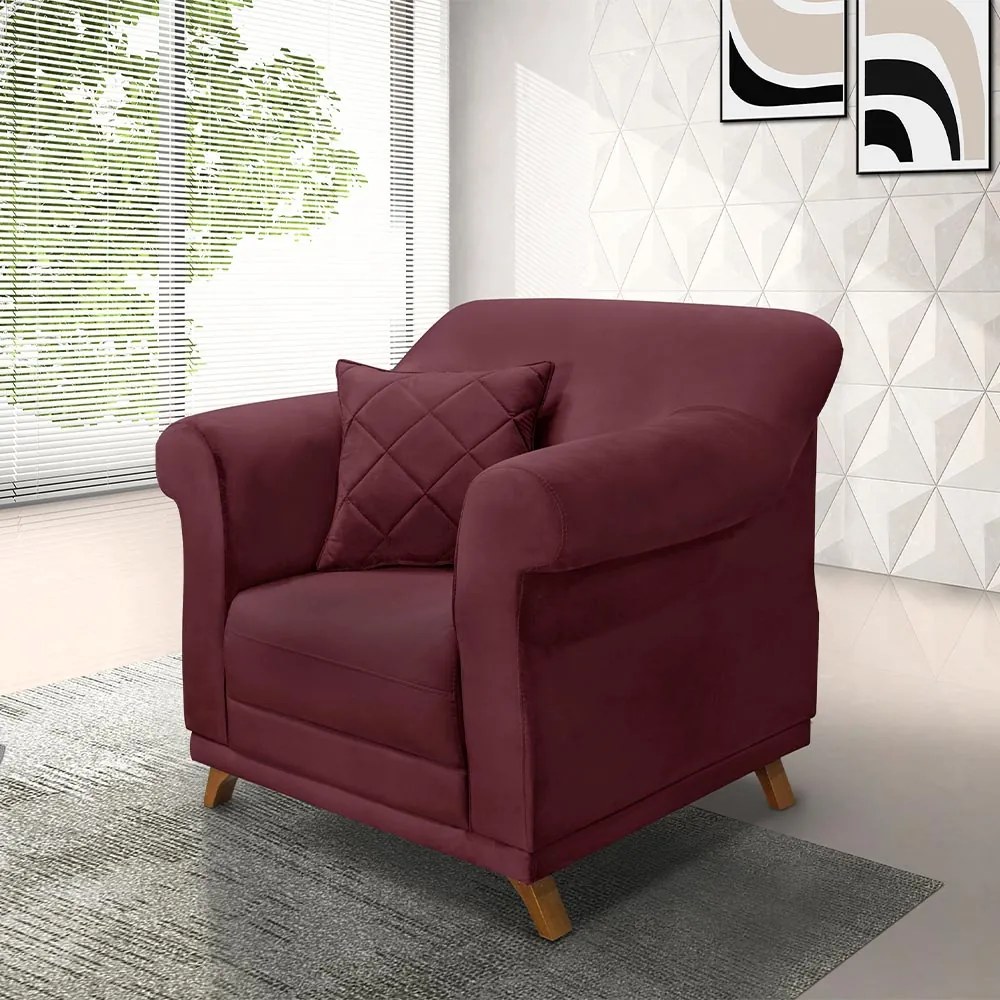 Poltrona Decorativa com 1 Almofada Armstrong Veludo Vinho G63 - Gran Belo