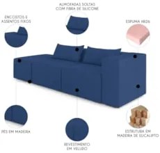 Sofá 5 Lugares 363cm Com Puff Esquerdo Fay Veludo Azul Z55 - Mpozenato