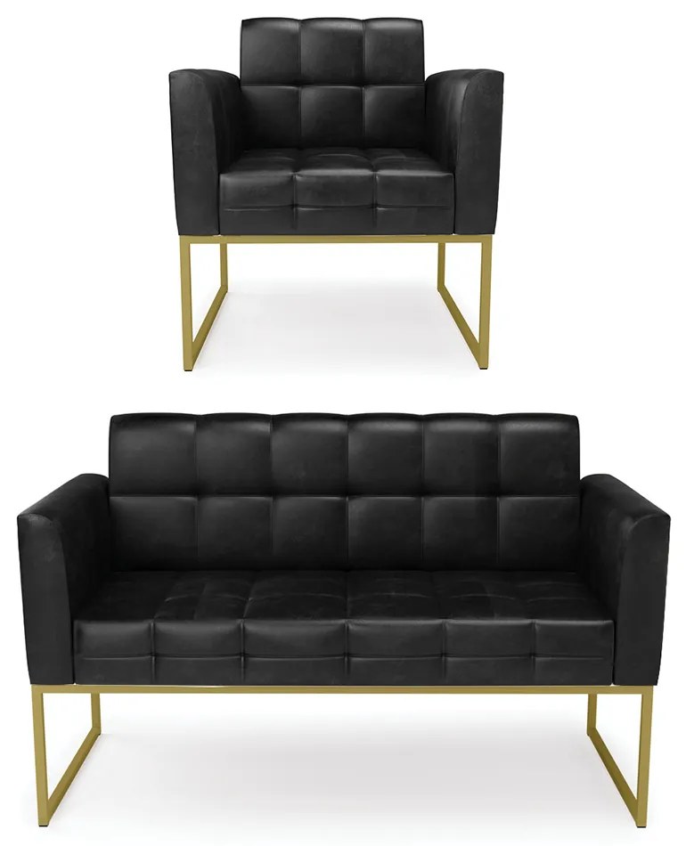 Kit 1 Sofá Namoradeira e 1 Poltrona Elisa Corano Preto Base Metálica Industrial Dourado - D'Rossi