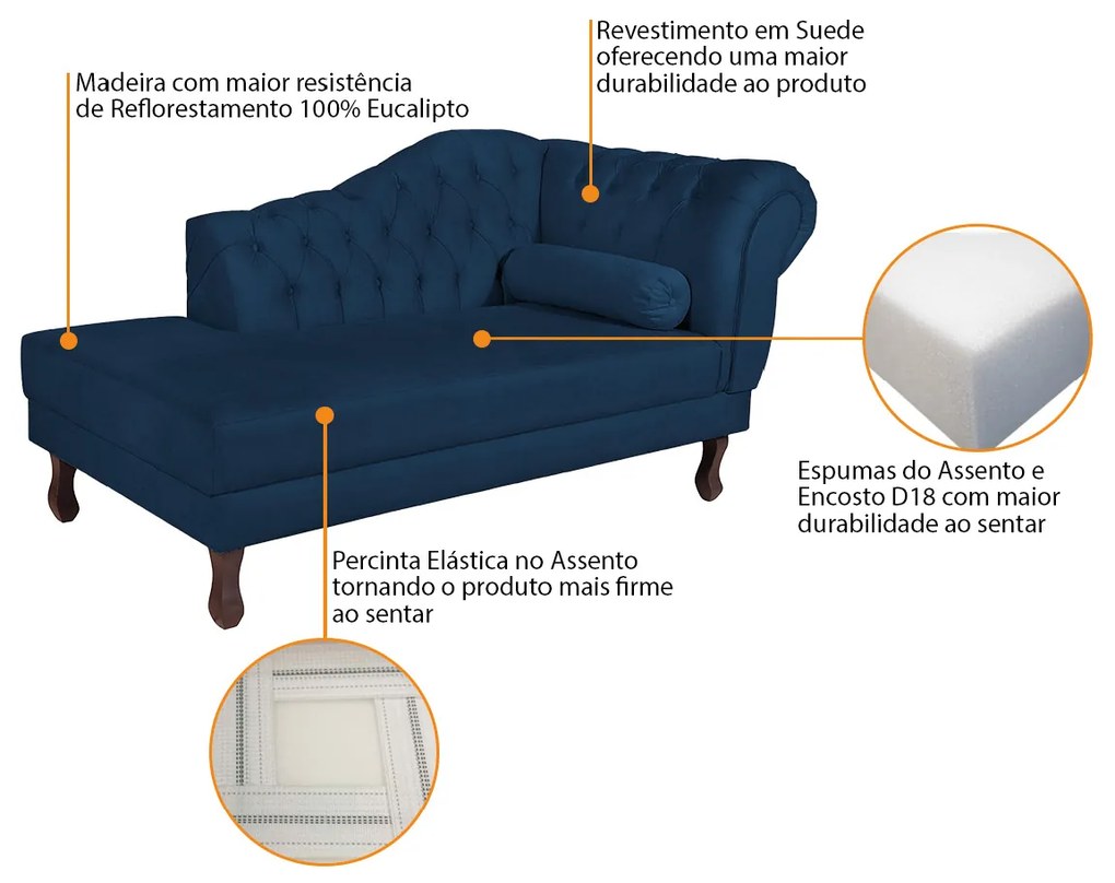 Recamier Diana 160cm Lado Esquerdo Suede Azul Marinho - ADJ Decor