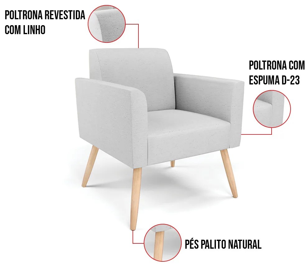 Kit 2 Poltronas Pés Palito Natural Marisa Linho D03 - D'Rossi - A05 Cinza