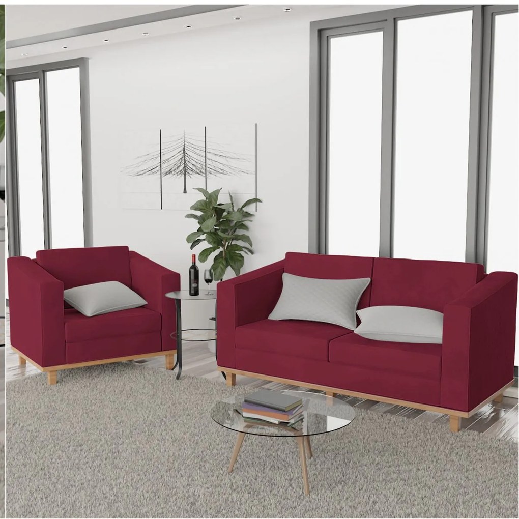 Kit Sofá 2 Lugares e Poltrona Europa Suede Bordô ADJ Decor