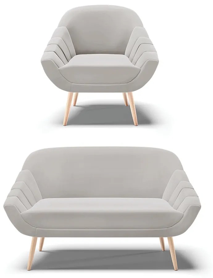 Kit 01 Namoradeira 02 Lugares e 01 Poltrona Giovana Veludo Cinza Pés Palito Natural - Indo Decorar