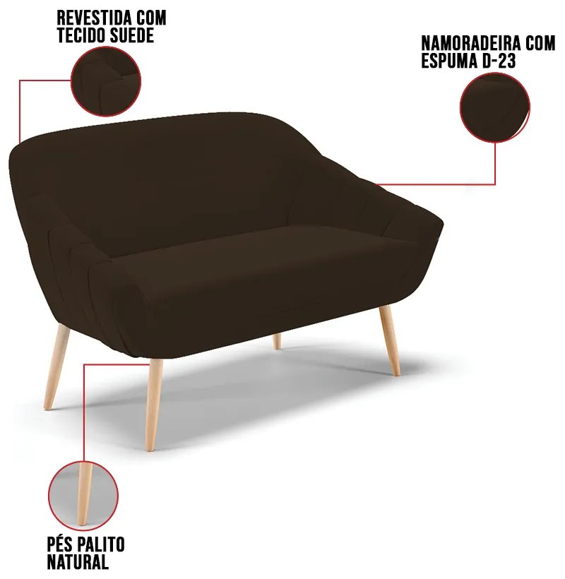 Namoradeira 02 Lugares Giovana Suede Pés Palito Natural D03 - D'Rossi - Marrom