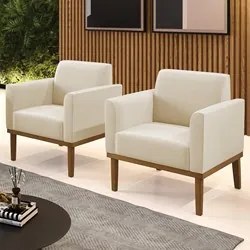 Poltrona Base Madeira Castanho Kit 2 Maressa Suede Bege - Ibiza