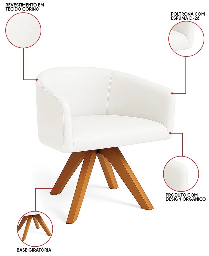 Poltrona Sala Base Giratória Madeira Arielle Sintético D03 - D'Rossi - Branco