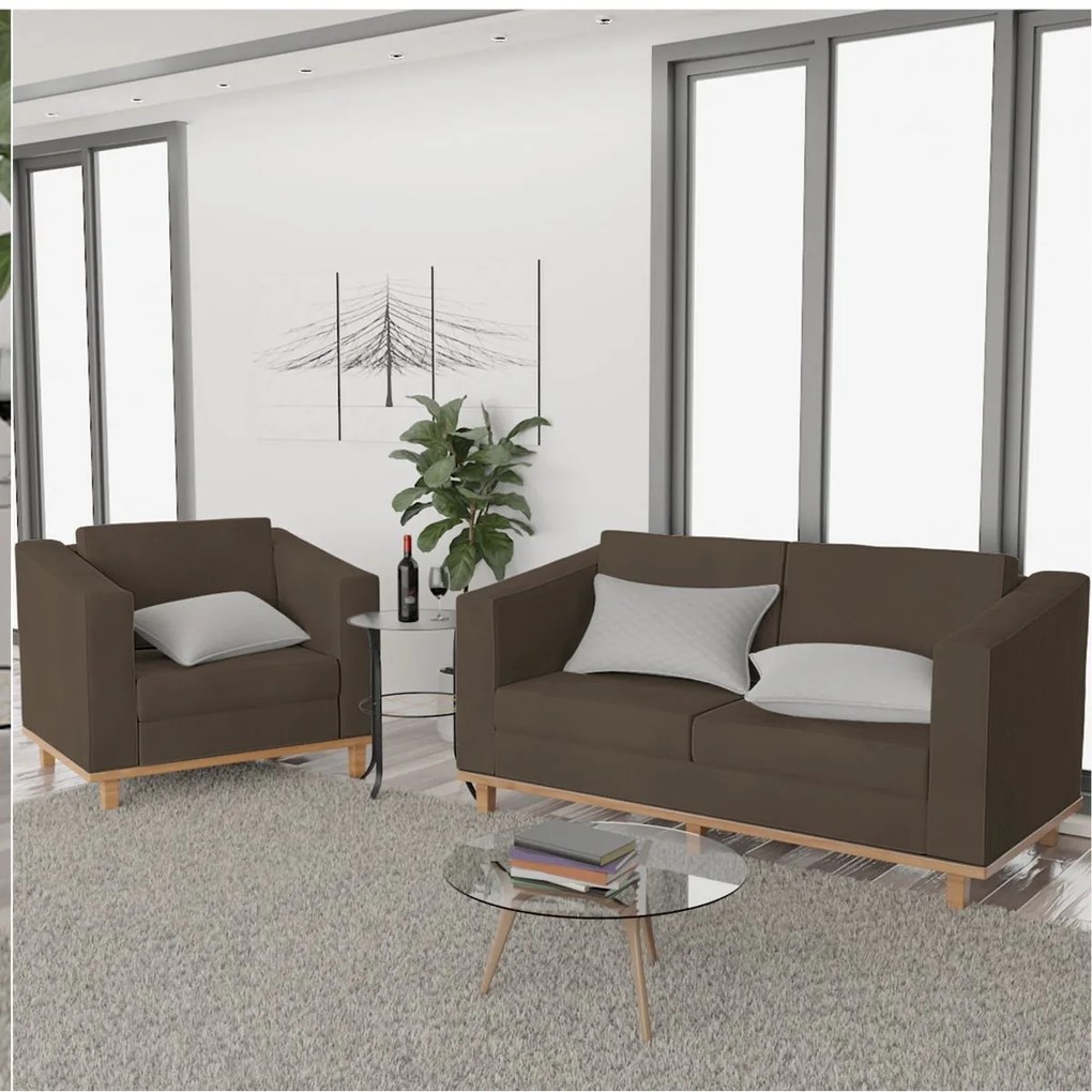 Kit Sofá 2 Lugares e Poltrona Europa Suede Marrom ADJ Decor