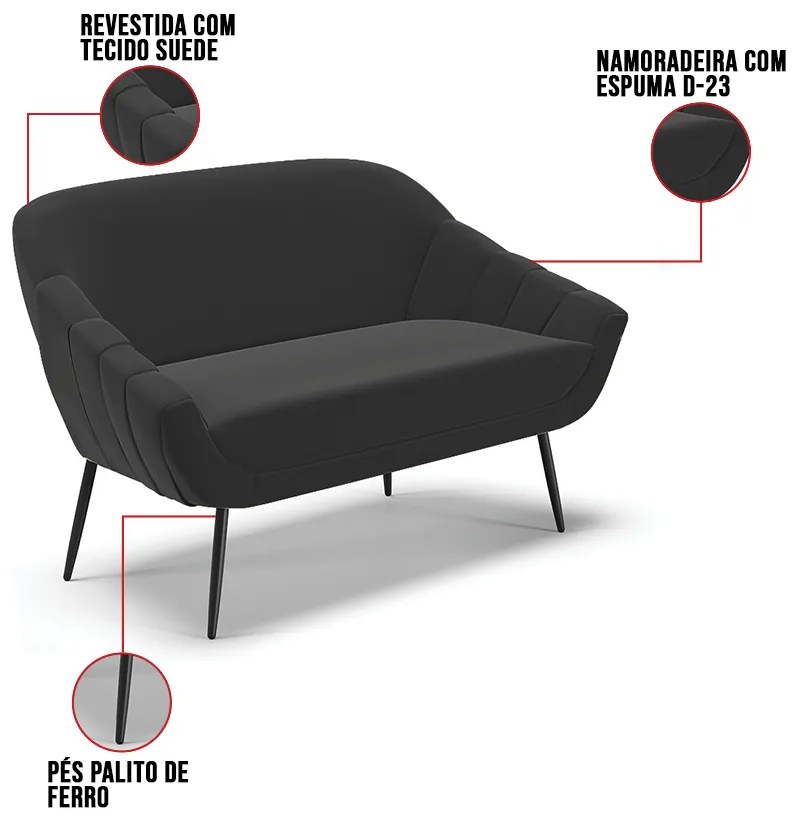 Namoradeira Giovana 02 Lugares Suede Pés Palito de Ferro D03 - D'Rossi 
 - Preto