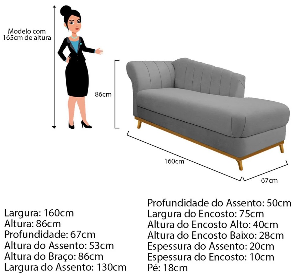 Recamier Vanessa 160cm Lado Direito Corano Cinza - ADJ Decor